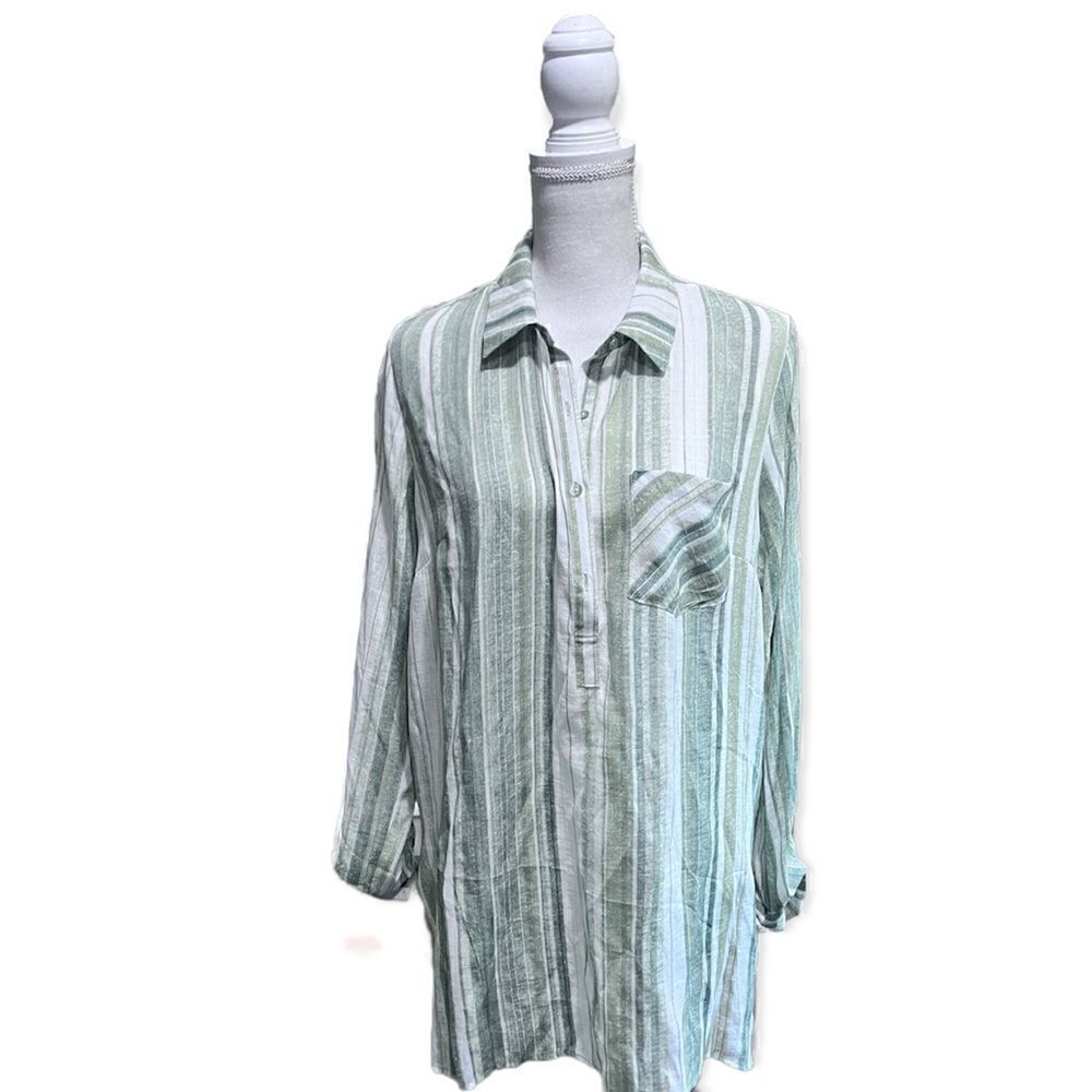 NANETTE LEPORE GREEN PRAIRIE STRIPED LONG SLEEVE TUNIC LOOSE SHIRT TOP LARGE NWT